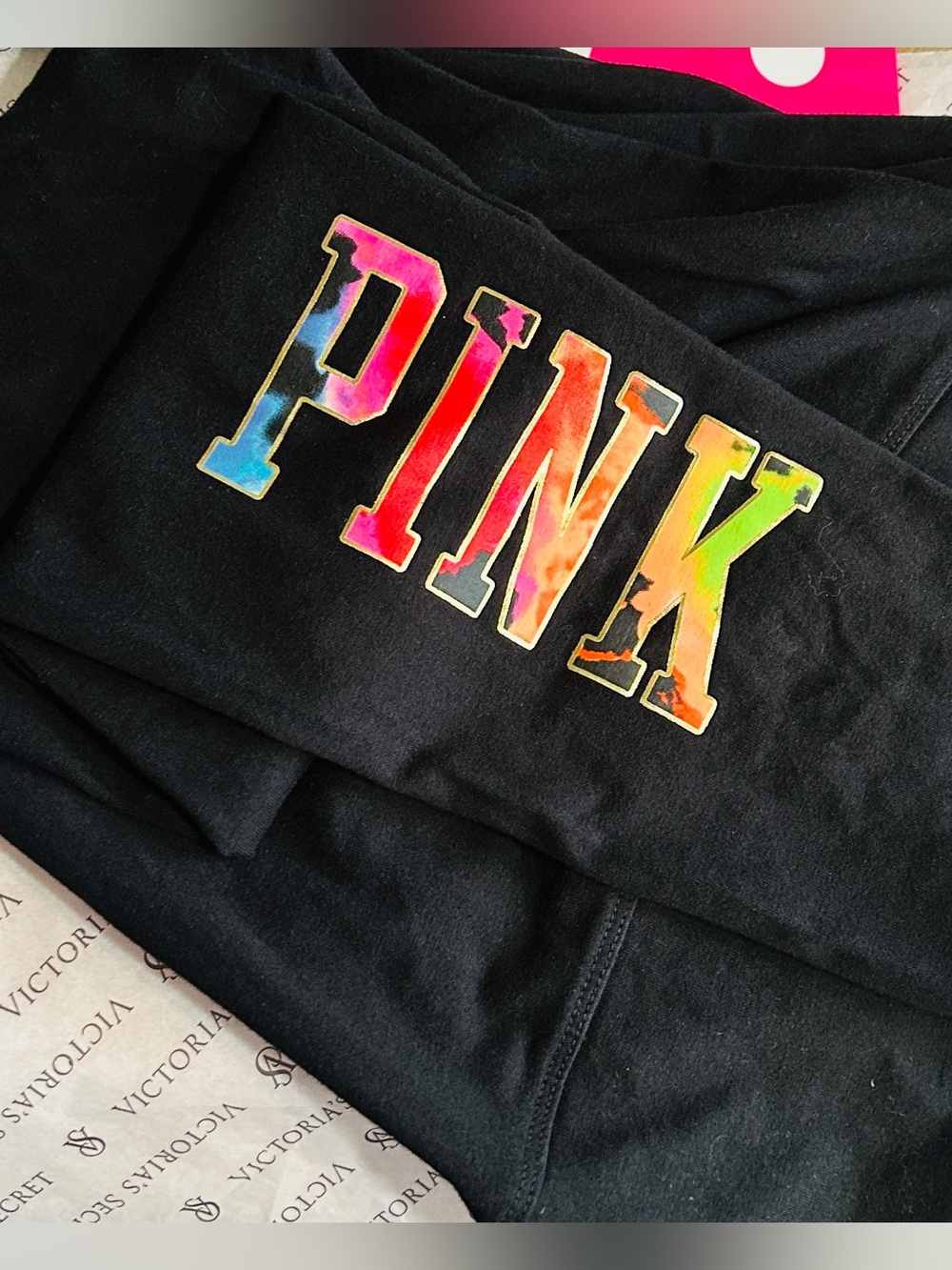 PINK Victoria's Secret Black Leggings with Multicolor Tie-Dye Logo